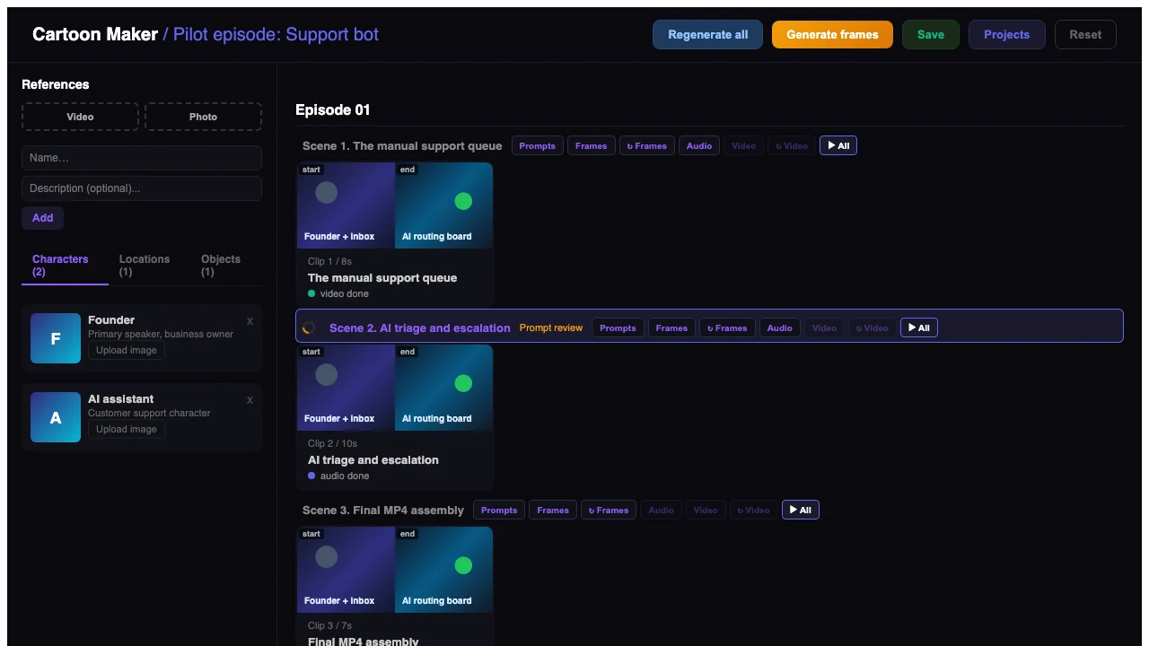Cartoon Maker interface with project, scenes, and prompt panel